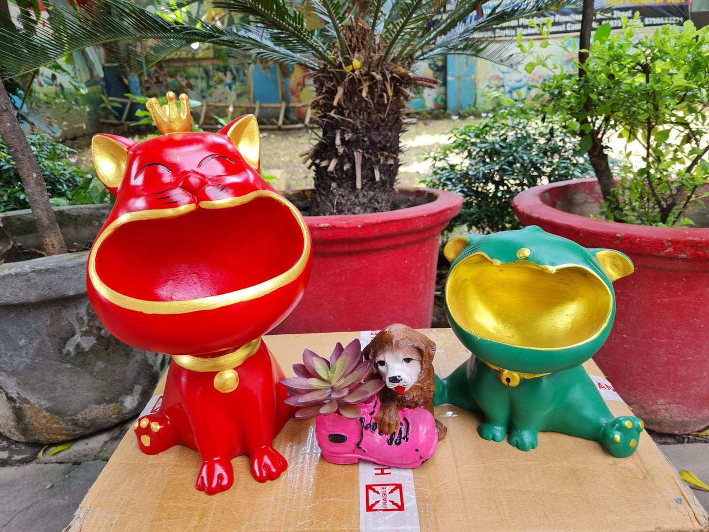 PC Home Decor | Set of 3 Resin Hungry Pets Candy Platter, Red and Green