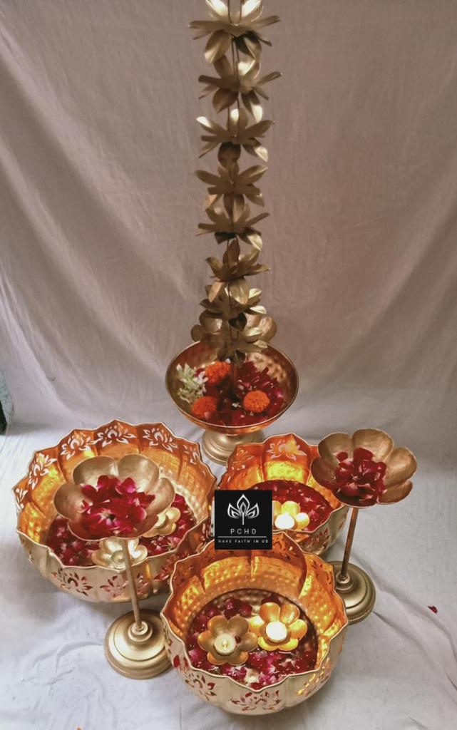 PC Home Decor | 13 Piece Lotus Urli Combo Set , Gold
