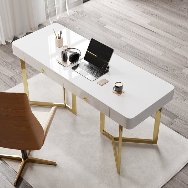 Office Table | Study Table In Gold  With Marble Top