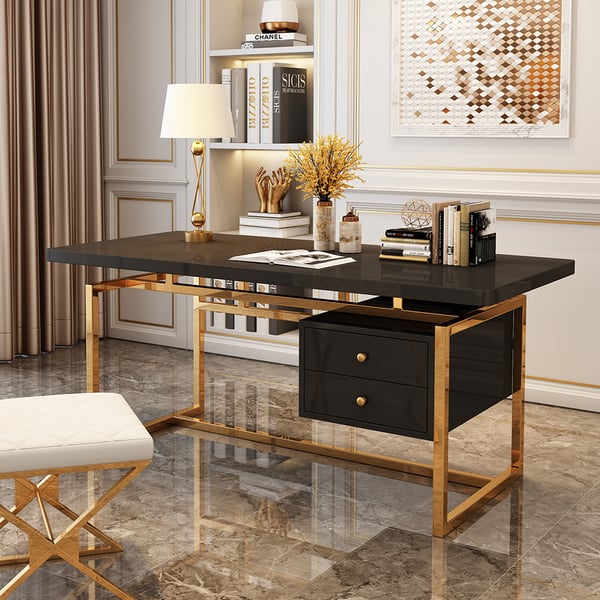 Writing Desk Modern Computer Desk With 2-Drawer In Gold