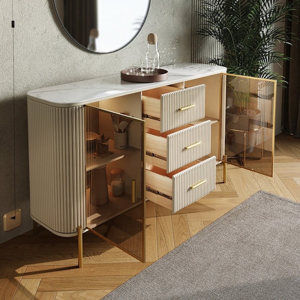 Modern Elegant Console Table With Maple Storage And Glass Door