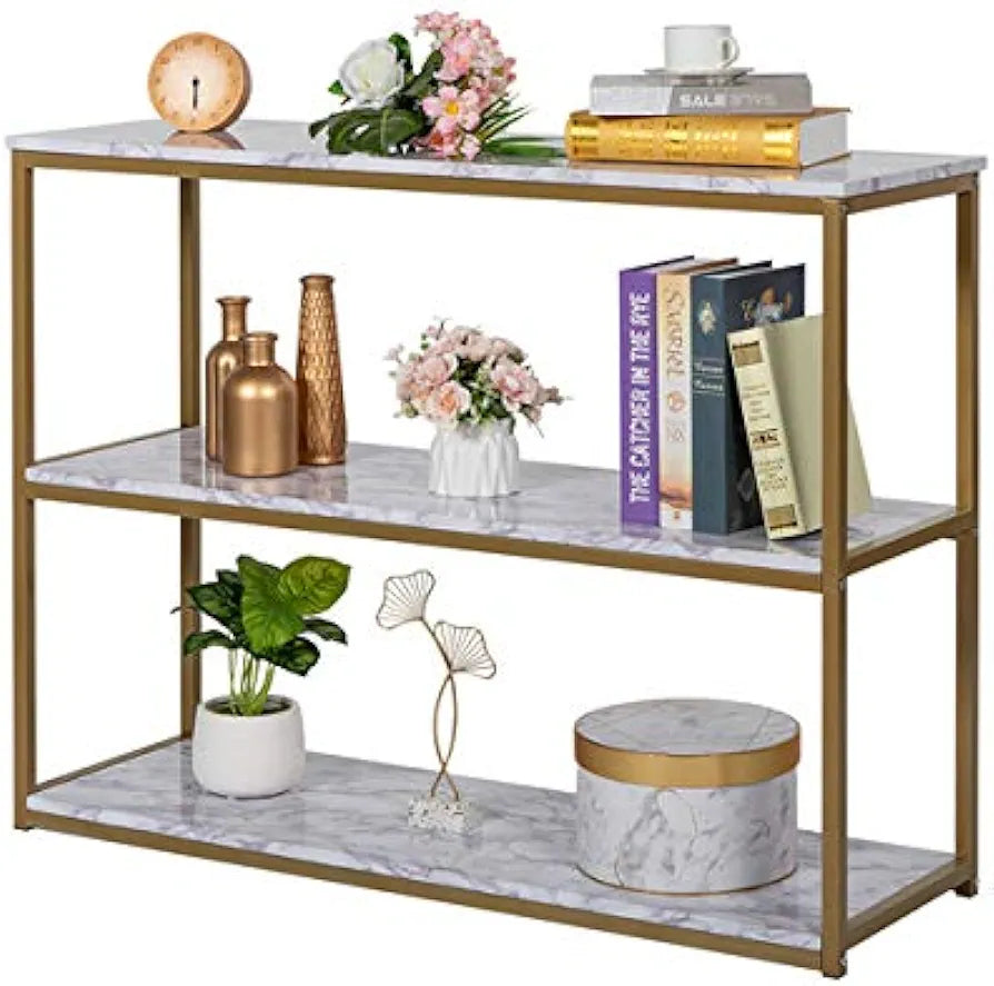 PC Home Decor | Iron Console Table with 3 Marble Bottom, White and Gold