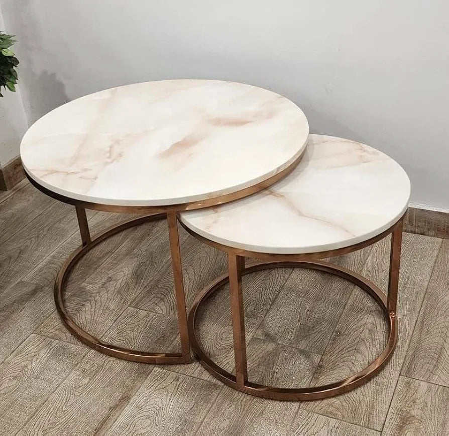 Luxurious Set of 2 Marble Center Table Set, White And Gold