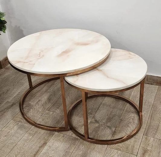 Luxurious Set of 2 Marble Center Table Set, White And Gold