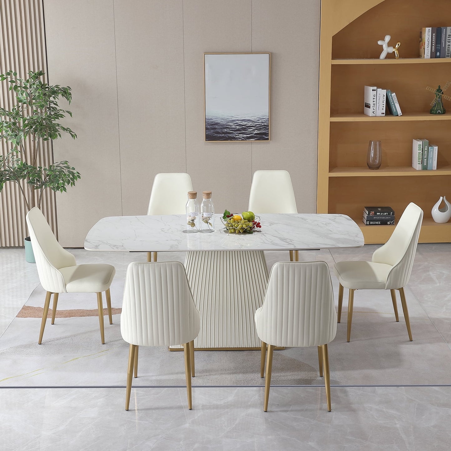 Rectangular White With Marble Top 6 Seater Dinning Table