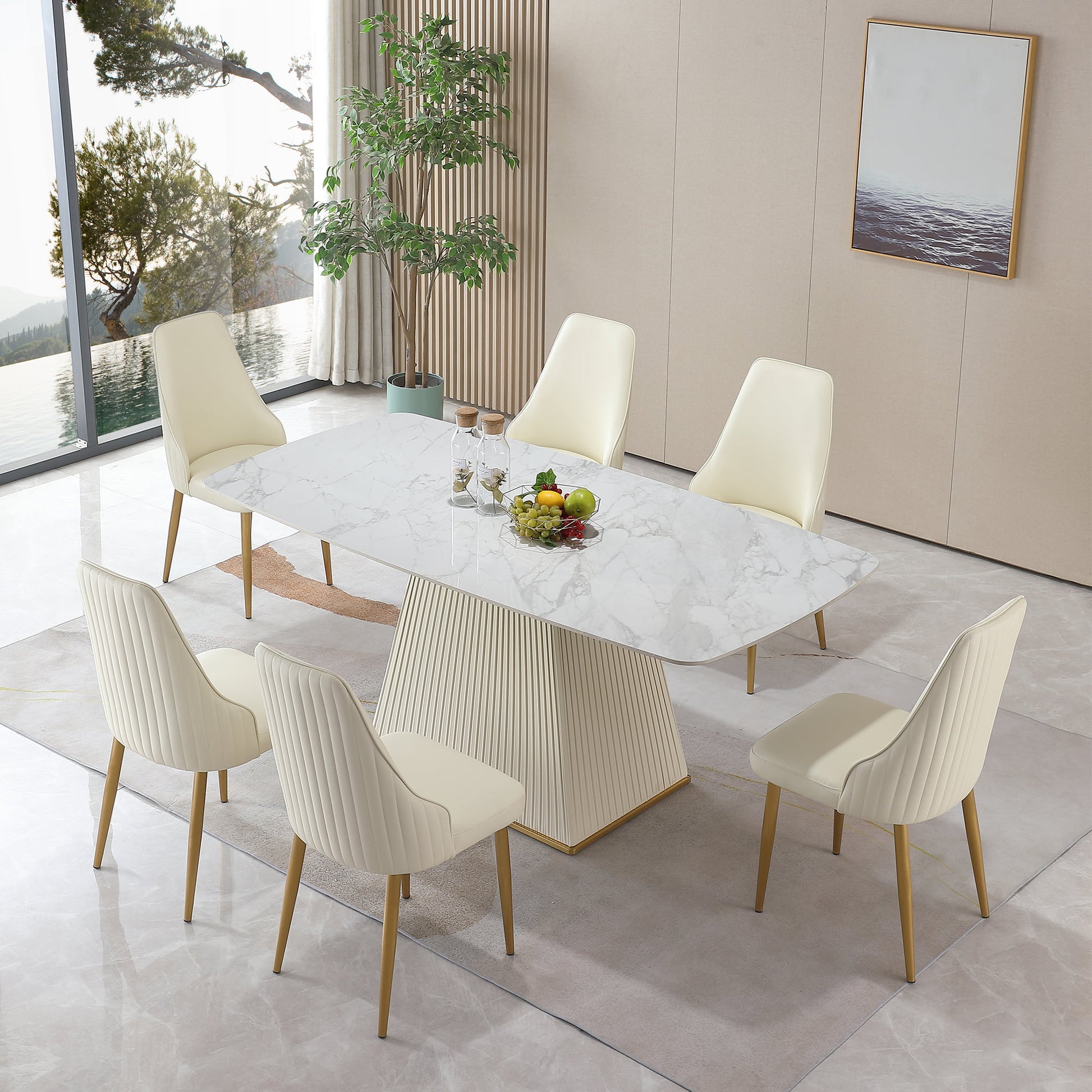 Rectangular White With Marble Top Seater Dinning Table