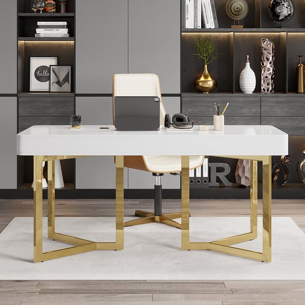 Office Table | Study Table In Gold  With Marble Top