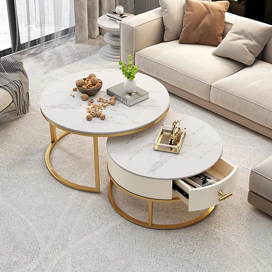 Modern Set of 2 Marble Top Centre Table, White and Gold