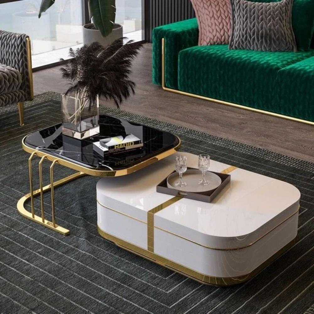 Stainless Steel Table With Storage, Gold and White