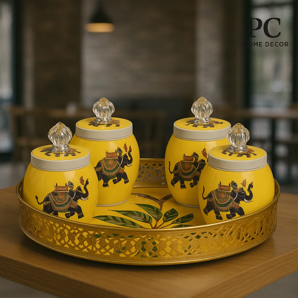 Metal Meena Printed Platter With 4 Jar (12 sets )