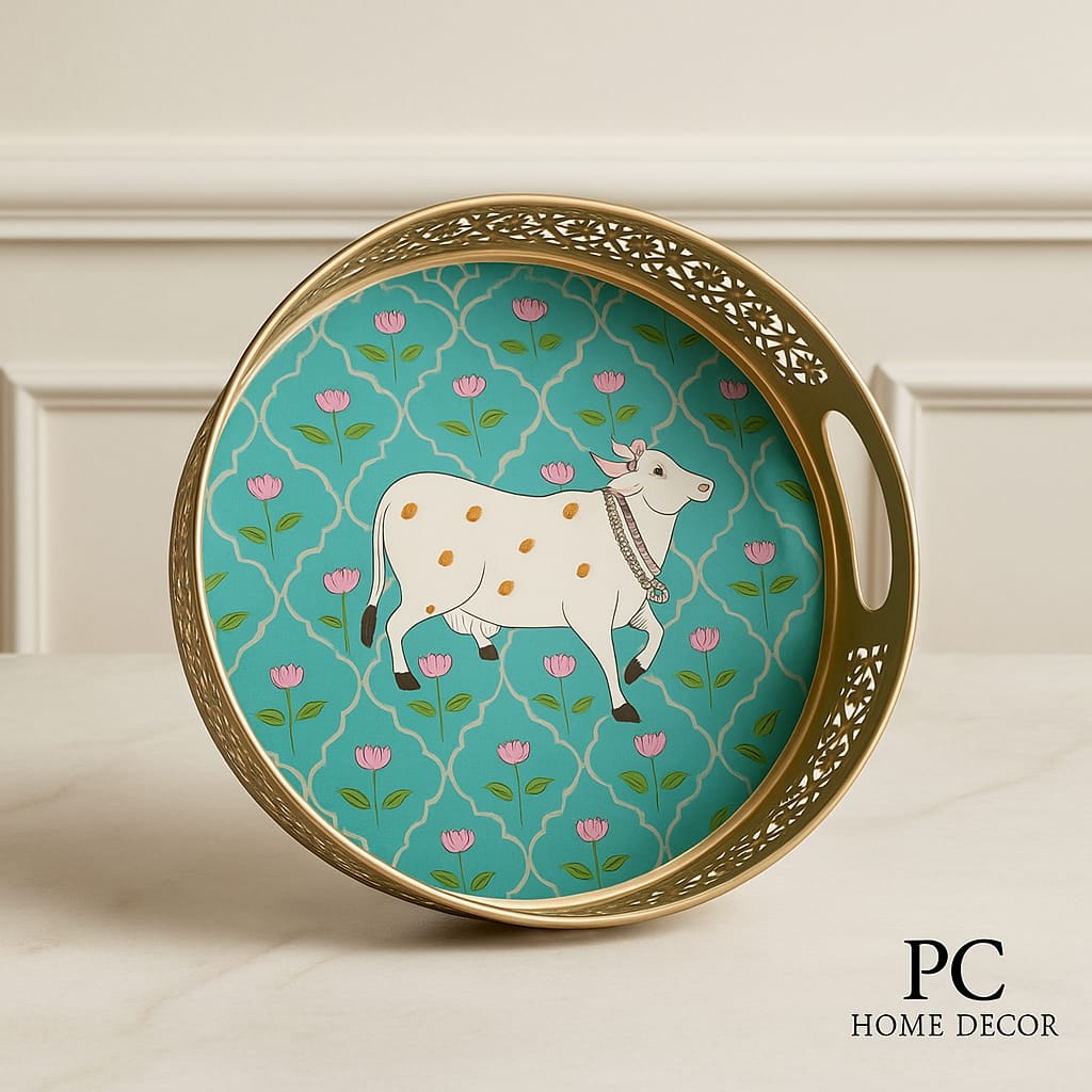 Serve With Style Exclusive Metal Enamel Cow Print Tray Green (10 sets combo)
