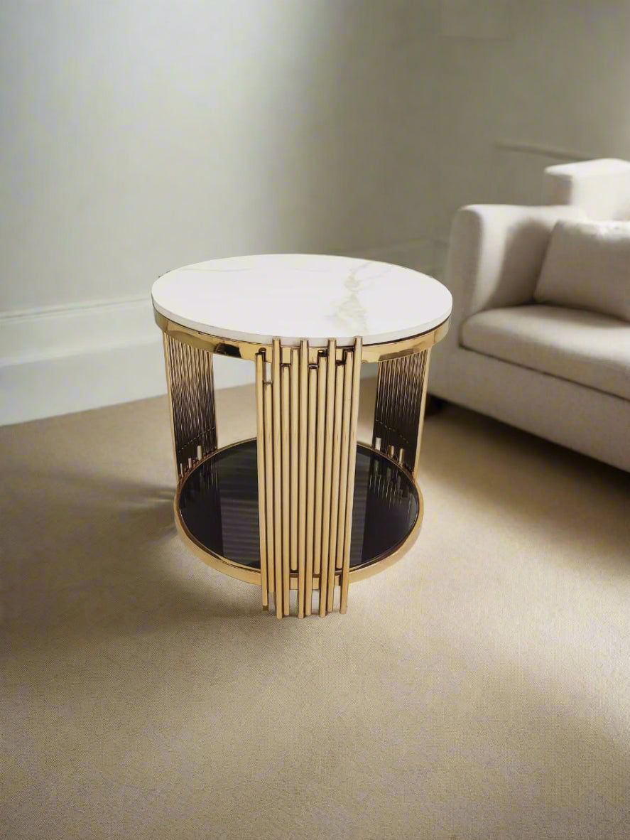 PC Home Decor | Steel Coffee Table with Glass Bottom and Marble Top, PC Home Decor | Golden Coffee Table with Black Glass Bottom, Gold and White