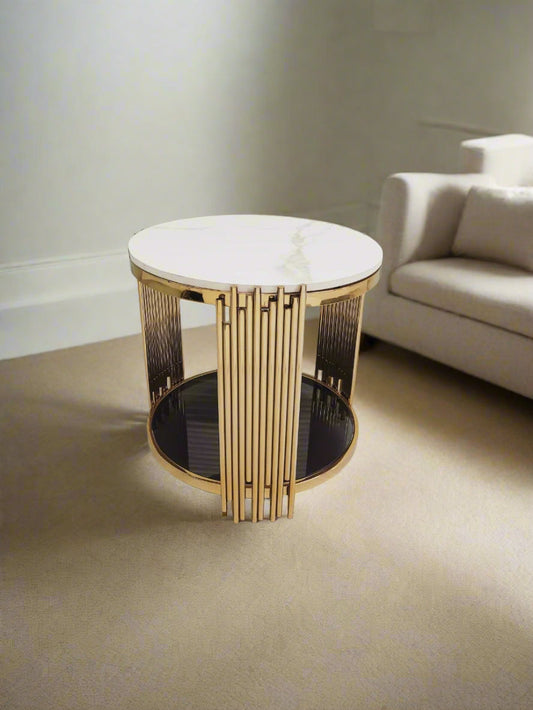 PC Home Decor | Steel Coffee Table with Glass Bottom and Marble Top, PC Home Decor | Golden Coffee Table with Black Glass Bottom, Gold and White