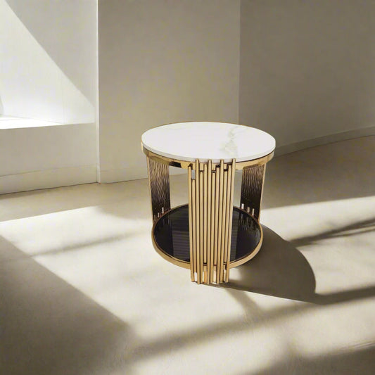 PC Home Decor | Golden Coffee Table with Black Glass Top, Gold and Black