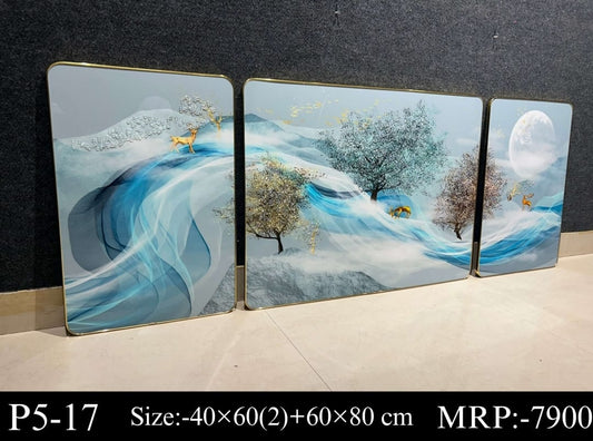 Modern Crystal Painting Set with Metal Framing Set of 3, Frame, Crystal & Glass Work - 16x24 & 32x24 Inches