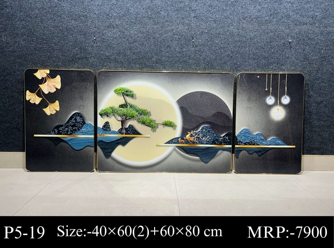 Modern Crystal Painting Set with Metal Framing Set of 3, Frame, Crystal & Glass Work - 16x24 & 32x24 Inches