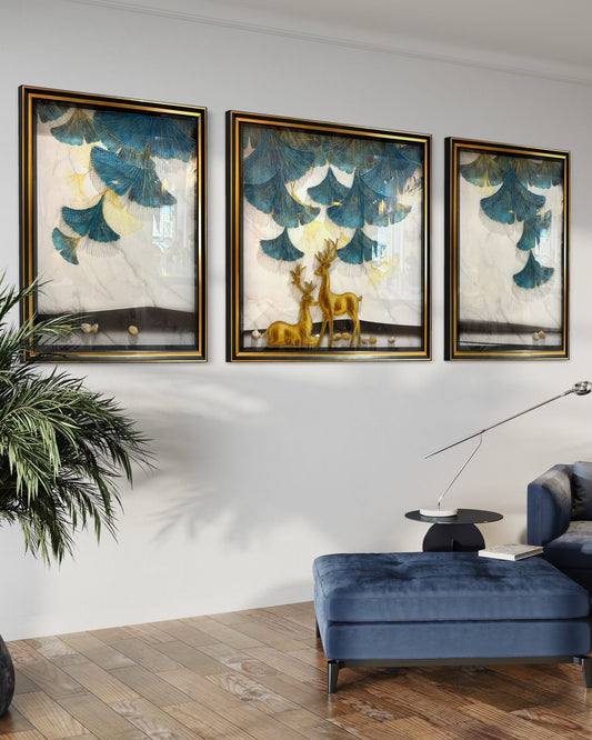 Leaf With Deer Wall frame Painting ( set of 3)