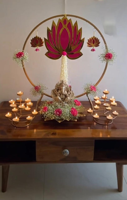 Round Ganpati BackDrop With Two Diya Stand