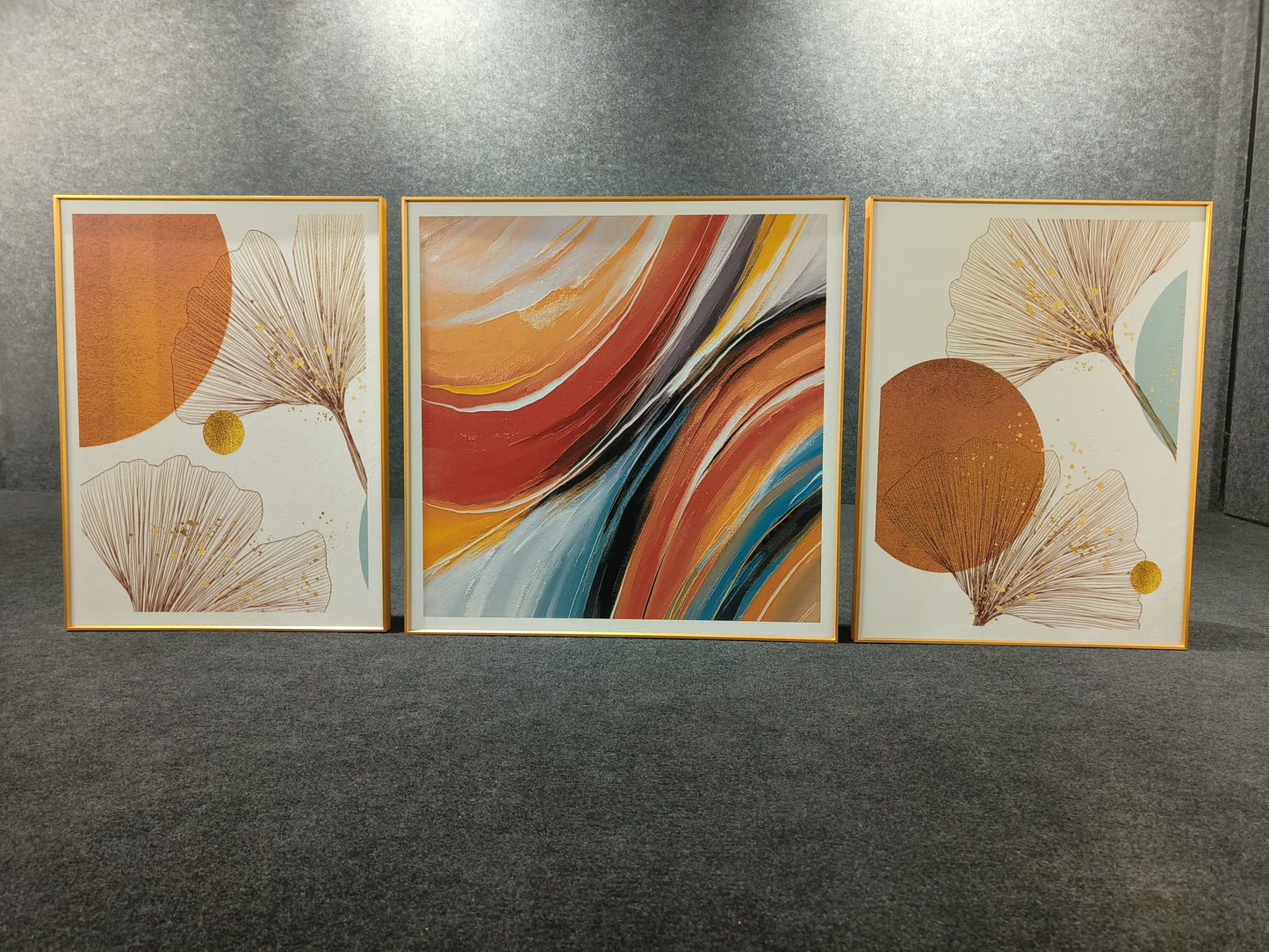 Orange Imported Aluminium Frame Leather Painting (set of 3)(24"×32"/32"×32"/24"×32")