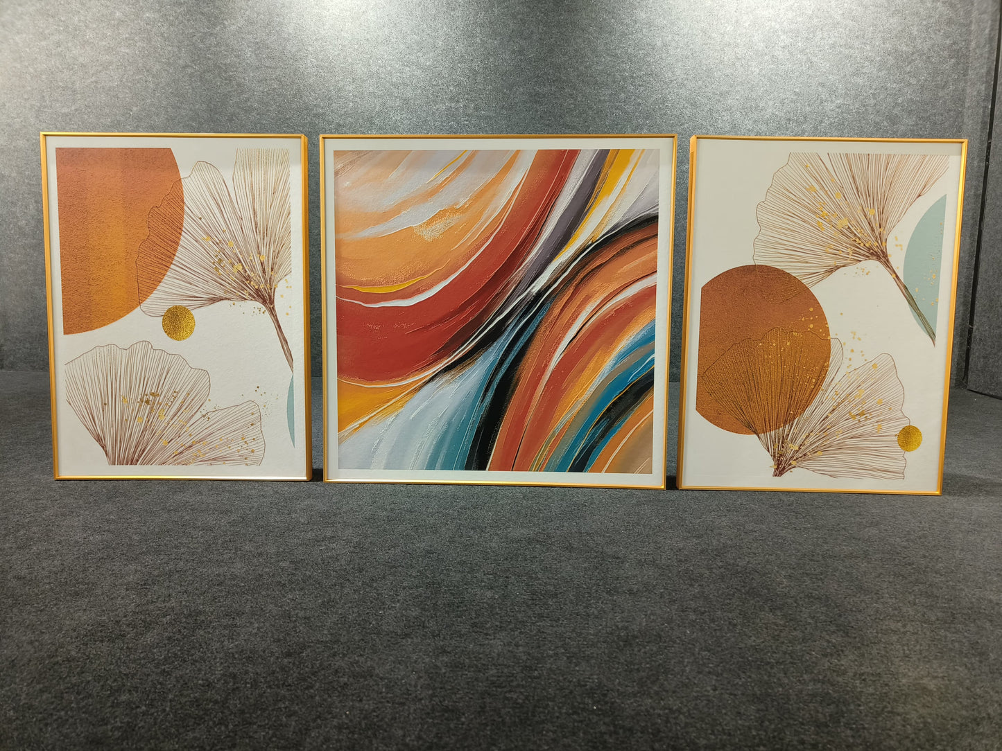 Orange Imported Aluminium Frame Leather Painting (set of 3)(24"×32"/32"×32"/24"×32")