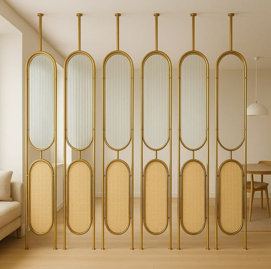 Modern Matt Gold Metal Partition Glass and Cane jali