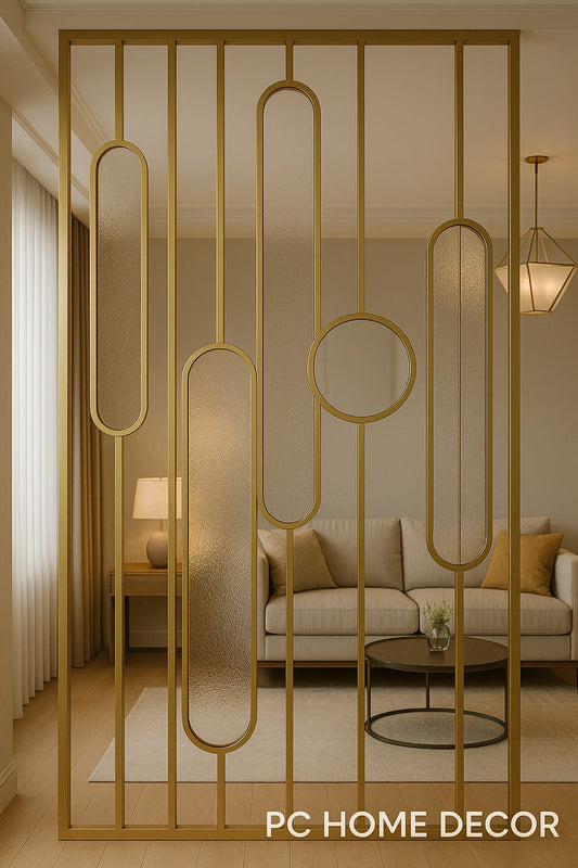 Title: Elegant PVD Matt Gold Room Divider with Glass – 8x4 Feet