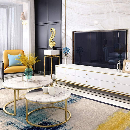 Modern Set of 2 Stainless Steel Marble Center Table, White and Rose Gold