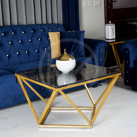 Diamond Centre Table with 2 Marble Top and Bottom, Gold and Black