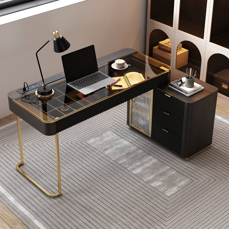 Office Table|Office Desk With Storage Cabinet With Glass Top