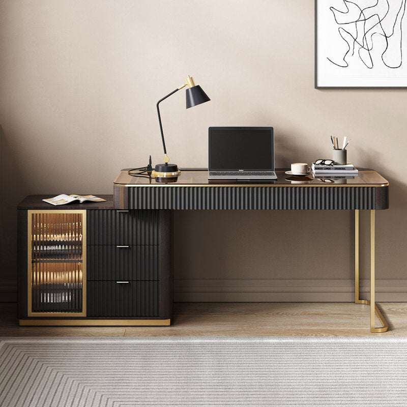 Office Table|Office Desk With Storage Cabinet With Glass Top