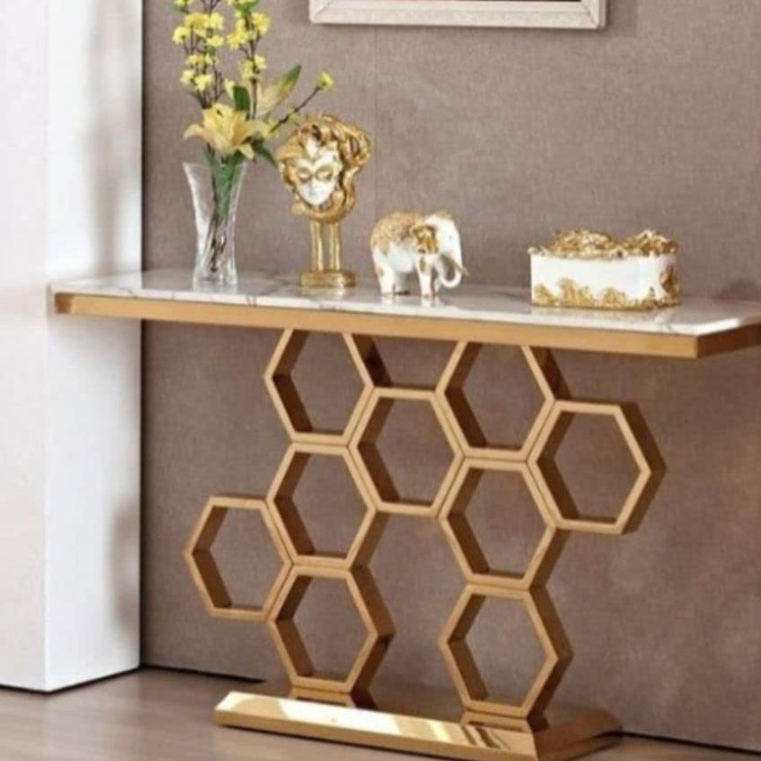 PC Home Decor | Narrow Metal Console Table with Marble Top, Gold and Grey