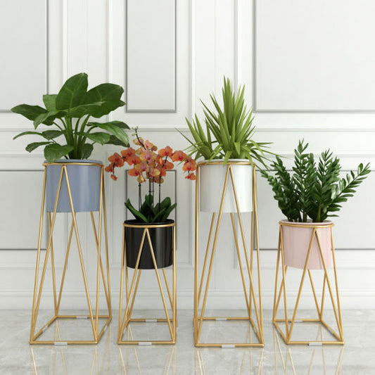 Planters for Indoor - Outdoor Plants & Modern Metal Floor Tall Plant Stand for Garden, Balcony & Living Room & with Pots Set of 2 Flower Pots (white)