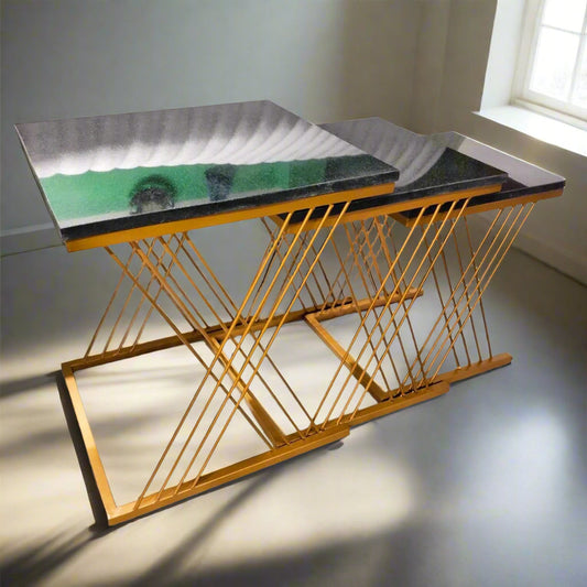 PC Home Decor | Set of 3 Nesting Square Table with Glass Top, Gold