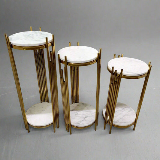 Set of 3 Nesting Steel Table with Marble Top, White and Gold