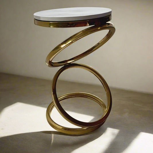 PC Home Decor | Stainless Steel Rings Side Table with Marble Top, Gold and White