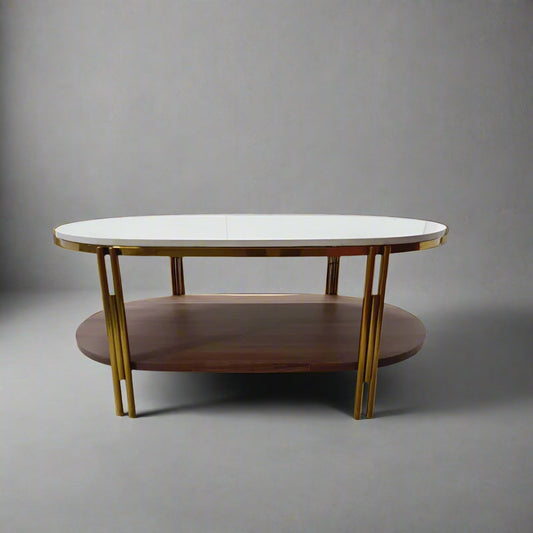 Oval Shape Stainless Steel Centre Table, White and Gold