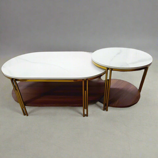 Set of 2 Stainless Steel Oval Shape Centre Table, White and Gold