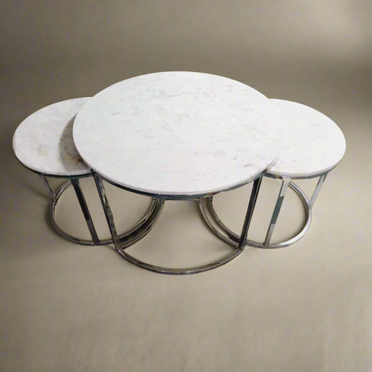 Modern Set of 3 Steel Centre Table, White and Steel