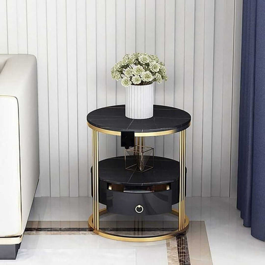 PC Home Decor | Steel Side Table with Drawer and Marble Top, Gold and Black