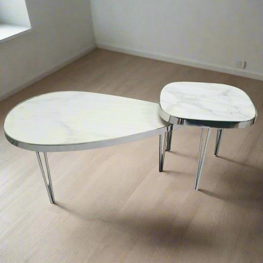 Set of 2 Steel Center Coffee Table with White Marble Top, Steel and White