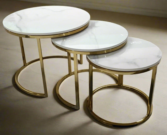 PC Home Decor | Set of 3 Nesting Round Table, White and Gold