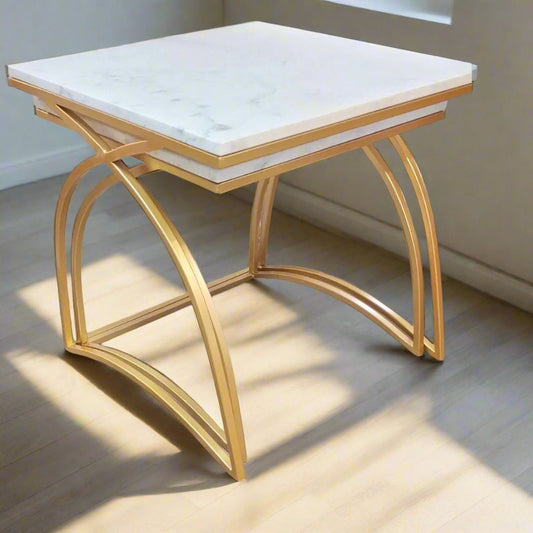 PC Home Decor | Set of 2 Marble Top Nesting Square Table, Gold and White