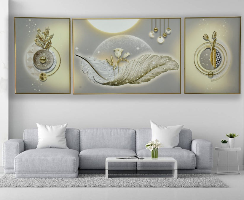 MODERN CRYSTAL GLASS PAINTING (SET OF 3)-GOLD FRAME