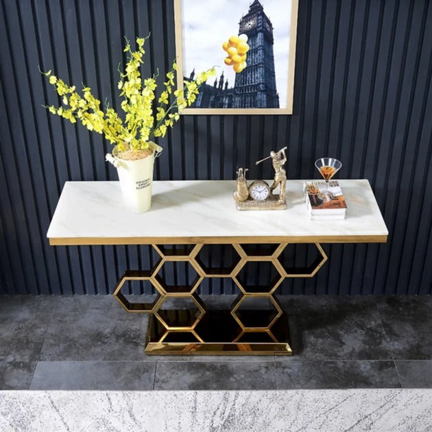 PC Home Decor | Narrow Metal Console Table with Marble Top, Gold and Grey