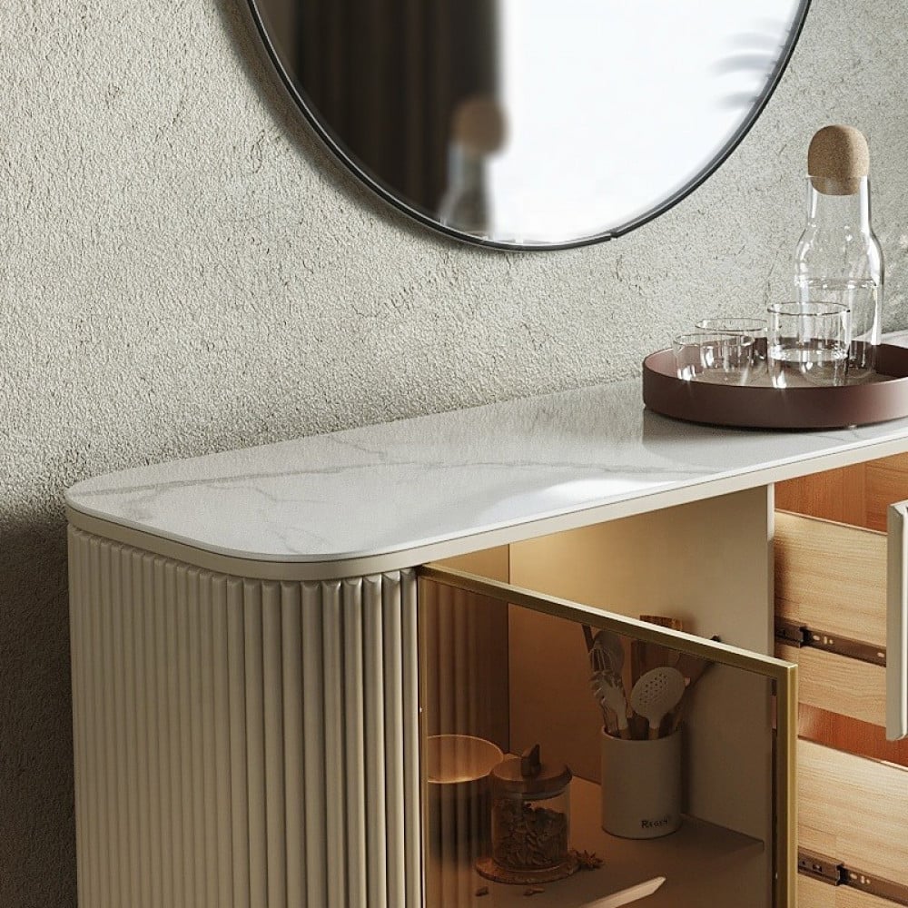 Modern Elegant Console Table With Maple Storage And Glass Door