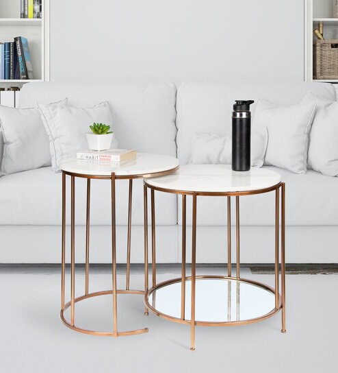 Luxury Set of White Marble Top Steel Tables, White and Gold