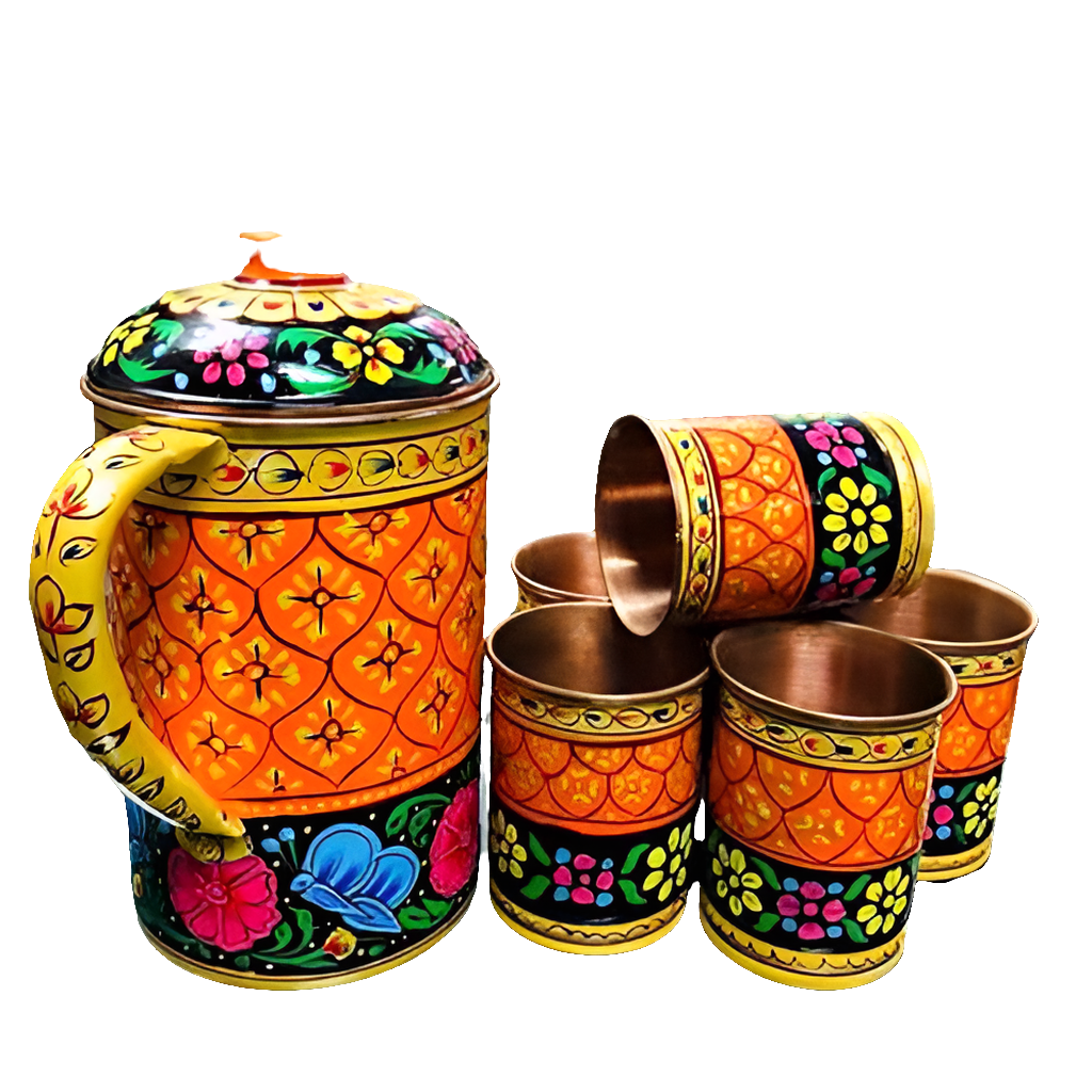 Hand Painted Gift For Indian copper water Jug and 6 Copper Glasses Thumbler