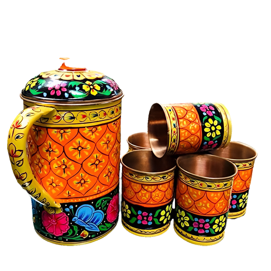 Hand Painted Gift For Indian copper water Jug and 6 Copper Glasses Thumbler