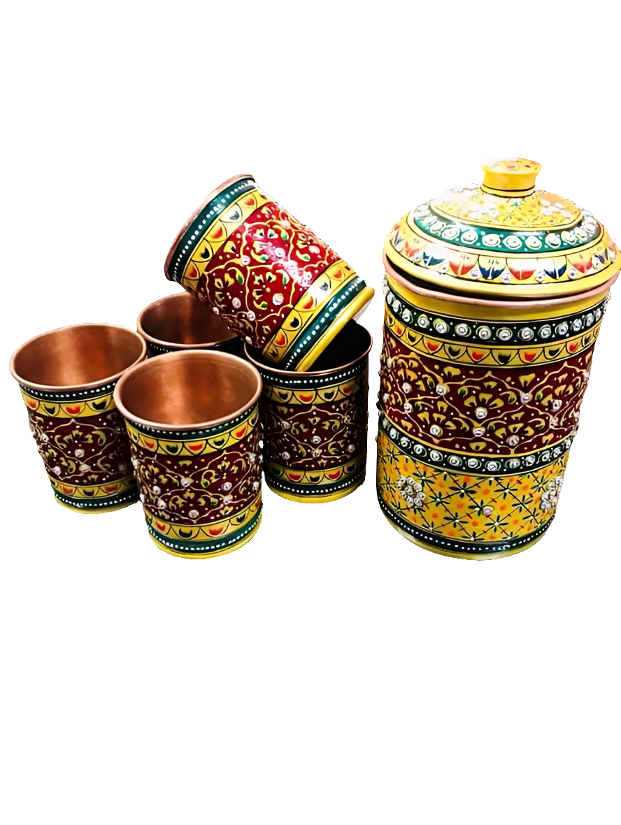 Hand painted Multicolour Copper Jug and 6 Glasses Gift For Housewarming|Corporate|Diwali|Rakhi