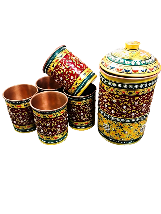 Hand painted Multicolour Copper Jug and 6 Glasses Gift For Housewarming|Corporate|Diwali|Rakhi